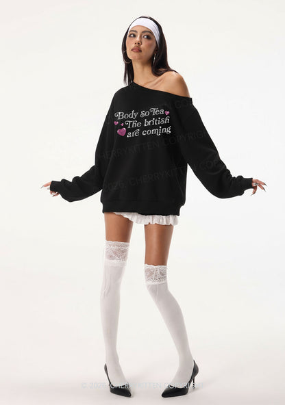 Rhinestone Body So Tea Y2K Off Shoulder Sweatshirts Cherrykitten