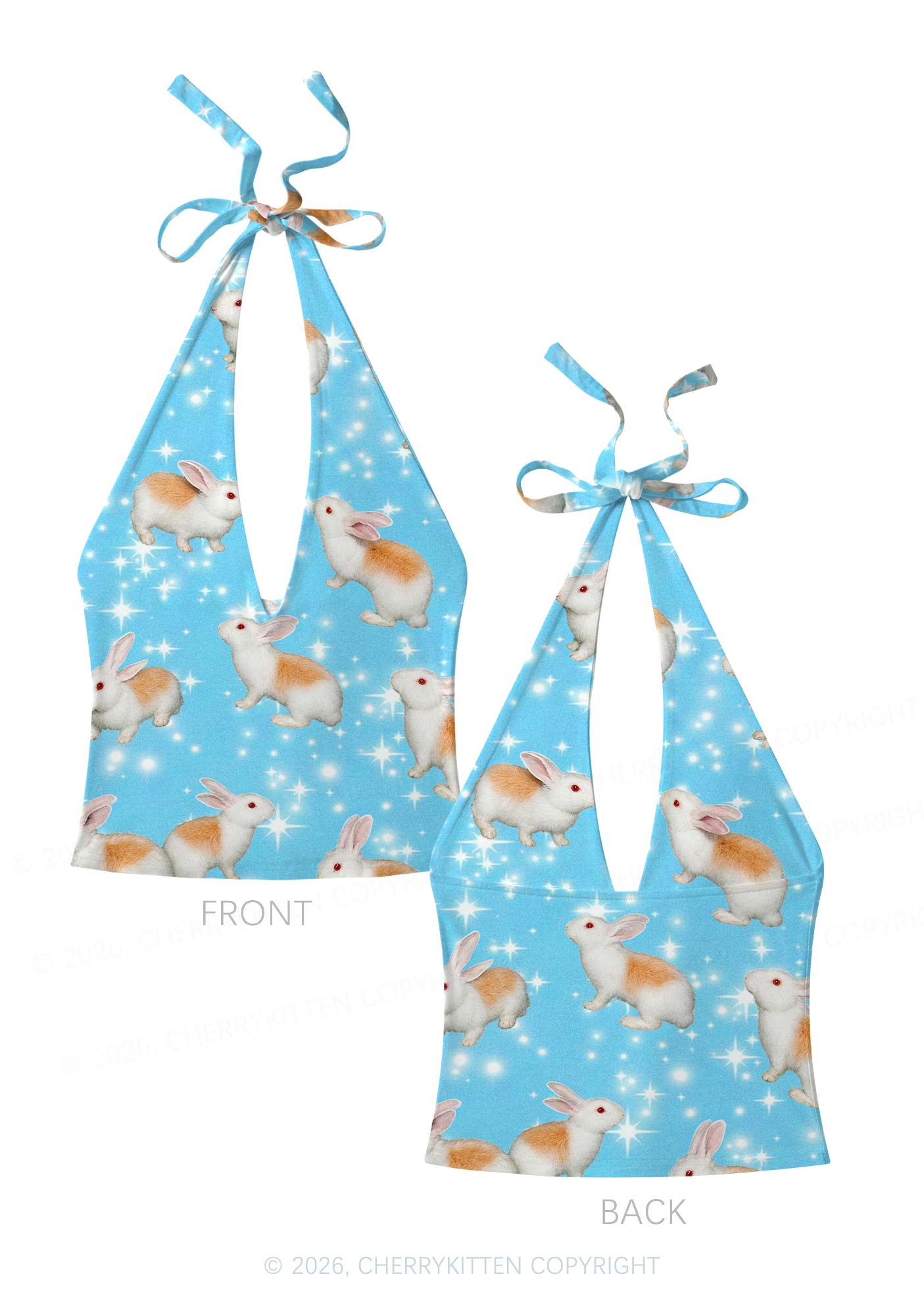 Orange Spotted Bunny Y2K Print Halter Deep V Neck Cami Cherrykitten