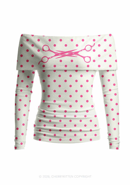 Pink Scissors Pride Y2K Off Shoulder Fold Over Knit Top Cherrykitten
