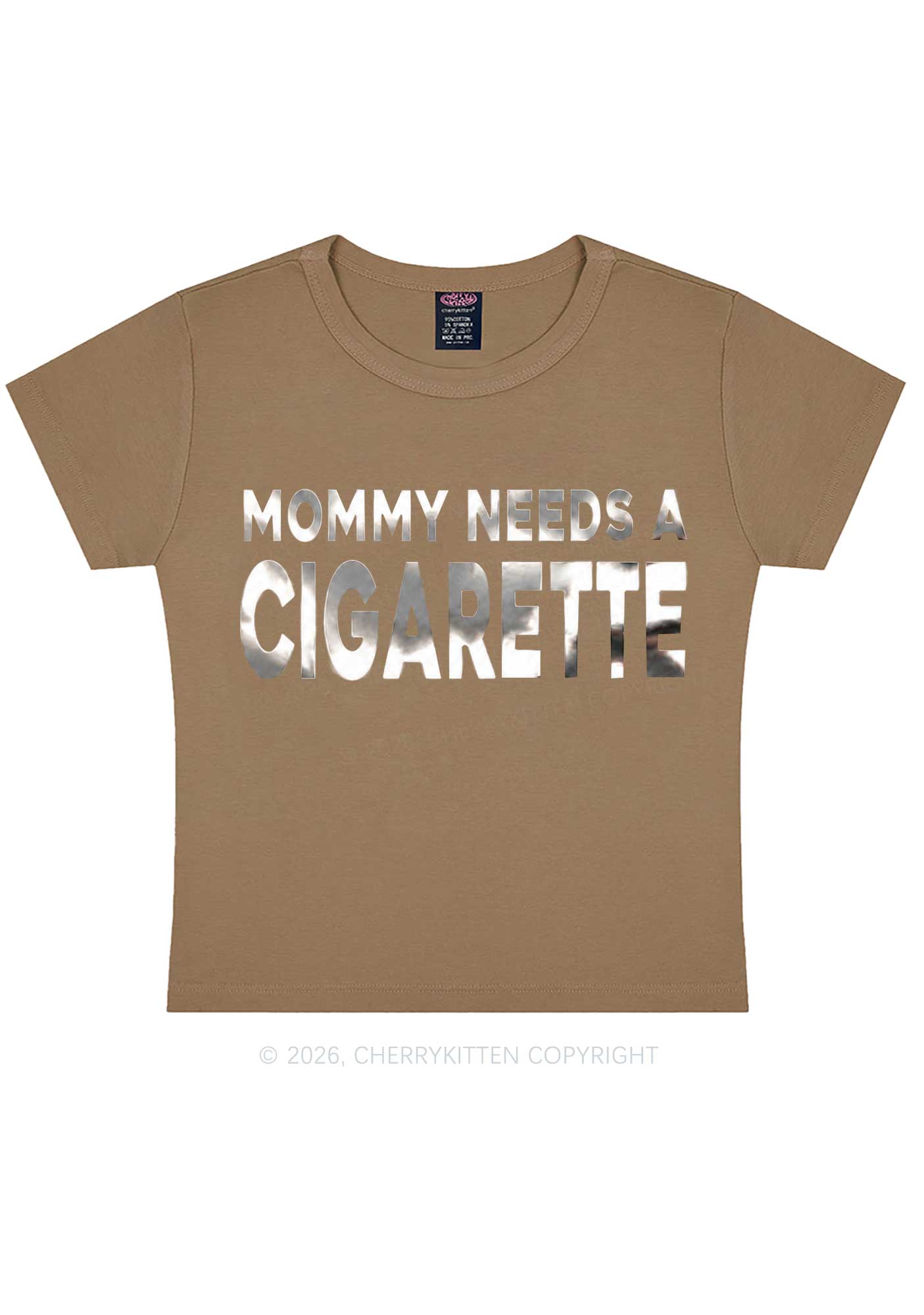 Mommy Needs A Cigarette Silver Foil Printed Y2K Baby Tee Cherrykitten