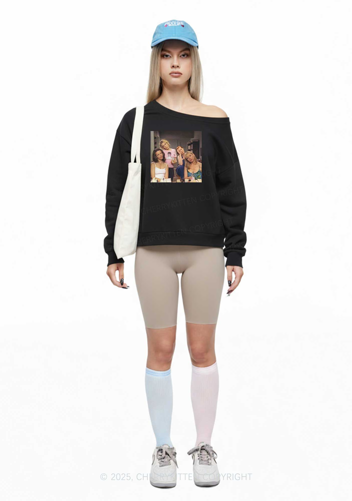 Girl Puzzled Y2K Off Shoulder Sweatshirts Cherrykitten