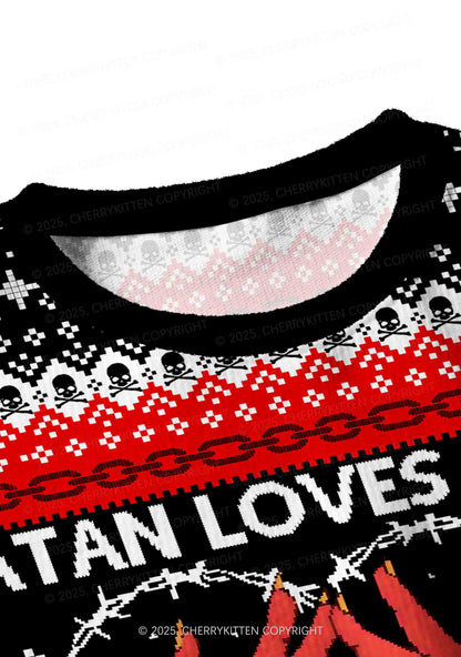 Halloween Satan Loves You Heart Y2K Christmas Crop Knit Sweatshirt Cherrykitten