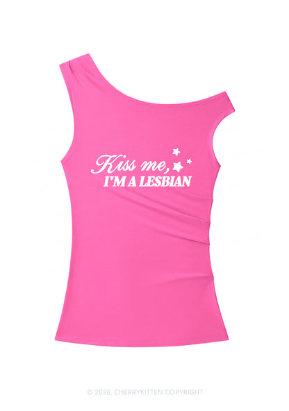 Kiss Me Im Lesbian Pride Y2K Off Shoulder Tank Top Cherrykitten