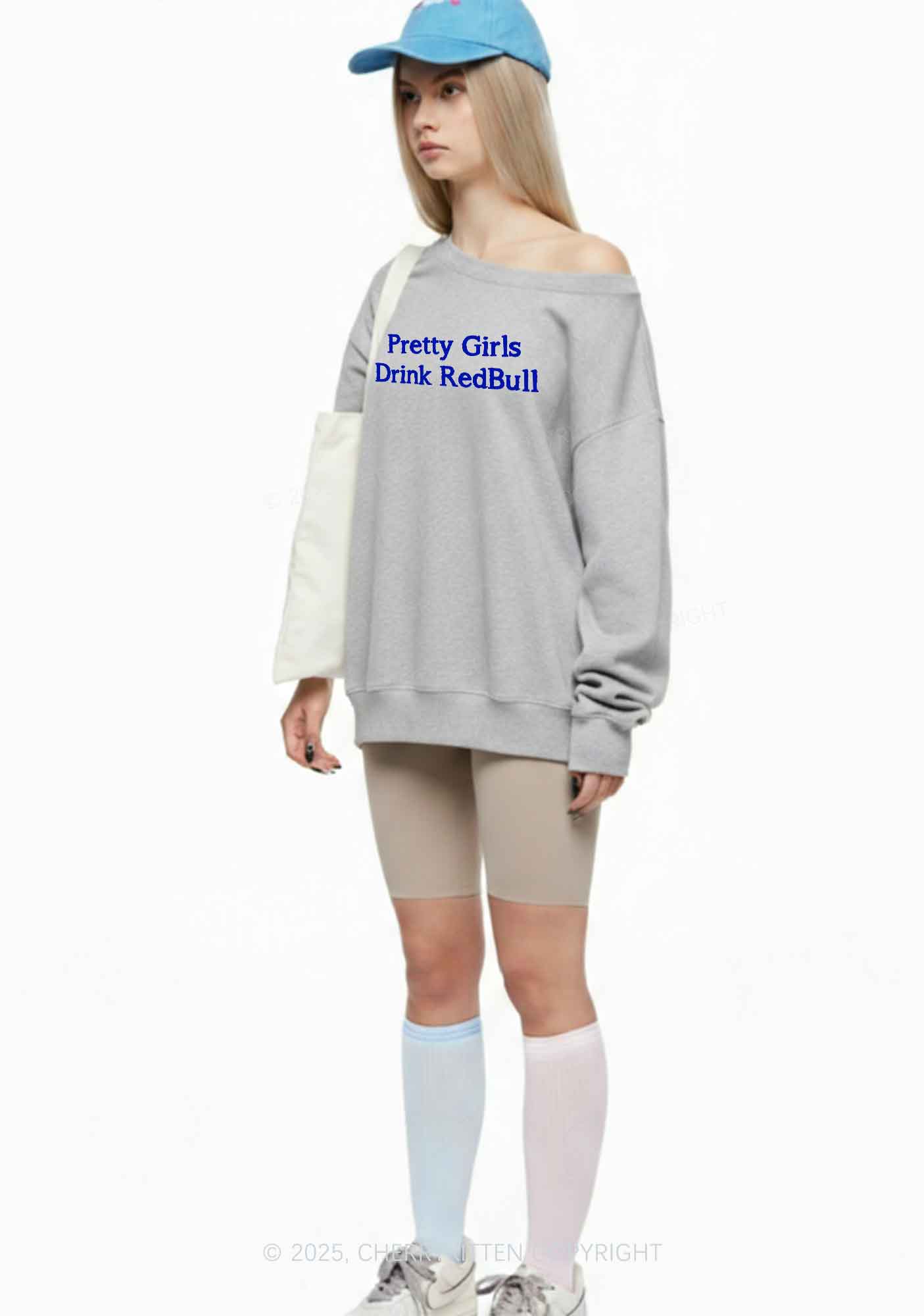 Pretty Girls Drink Redbull Y2K Off Shoulder Sweatshirts Cherrykitten