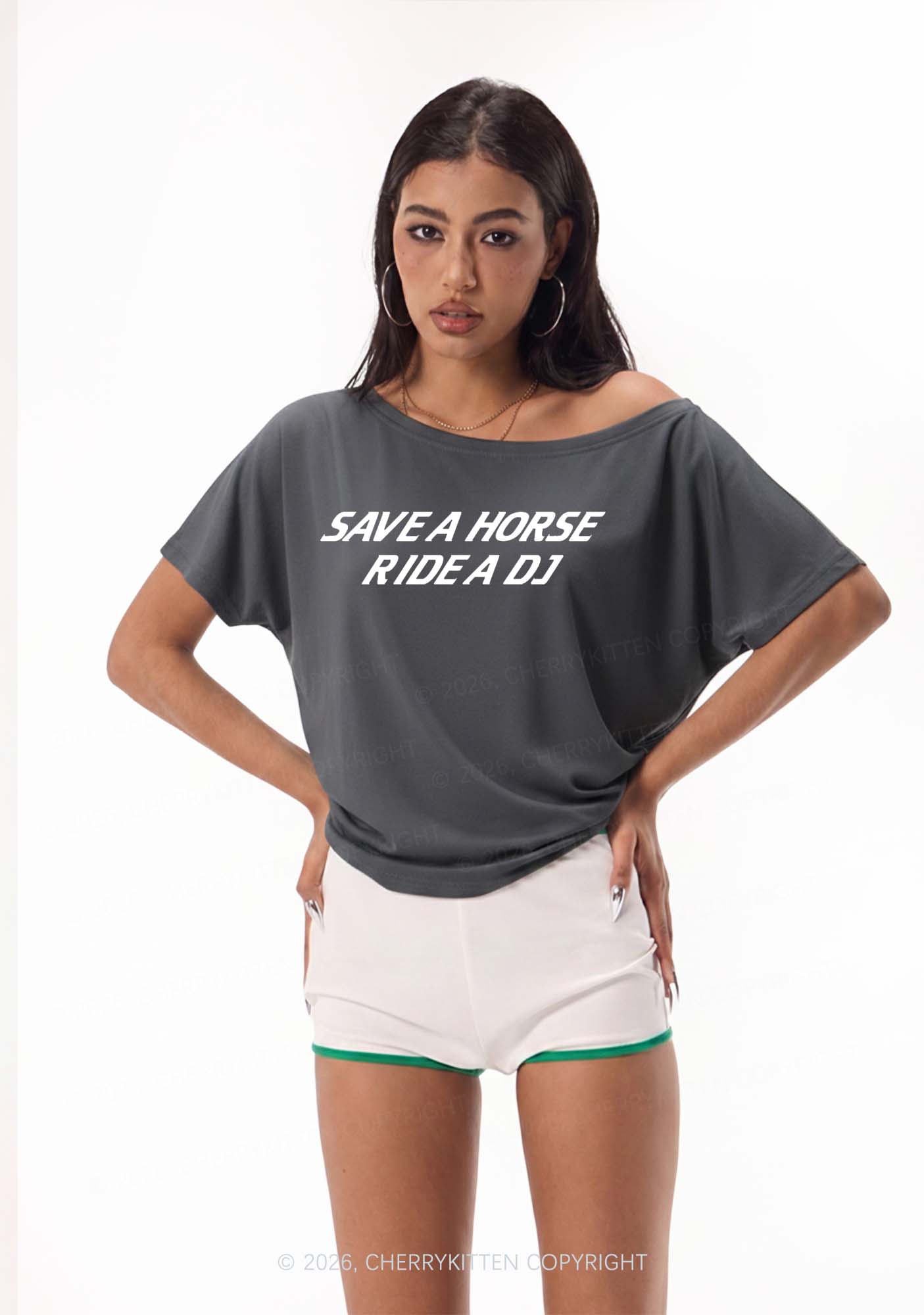 Ride A DJ Y2K Off Shoulder Tee Cherrykitten
