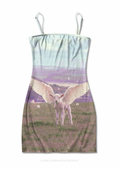 Angel Wing Lamb Y2K Print Slip Dress Cherrykitten