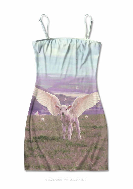 Angel Wing Lamb Y2K Print Slip Dress Cherrykitten