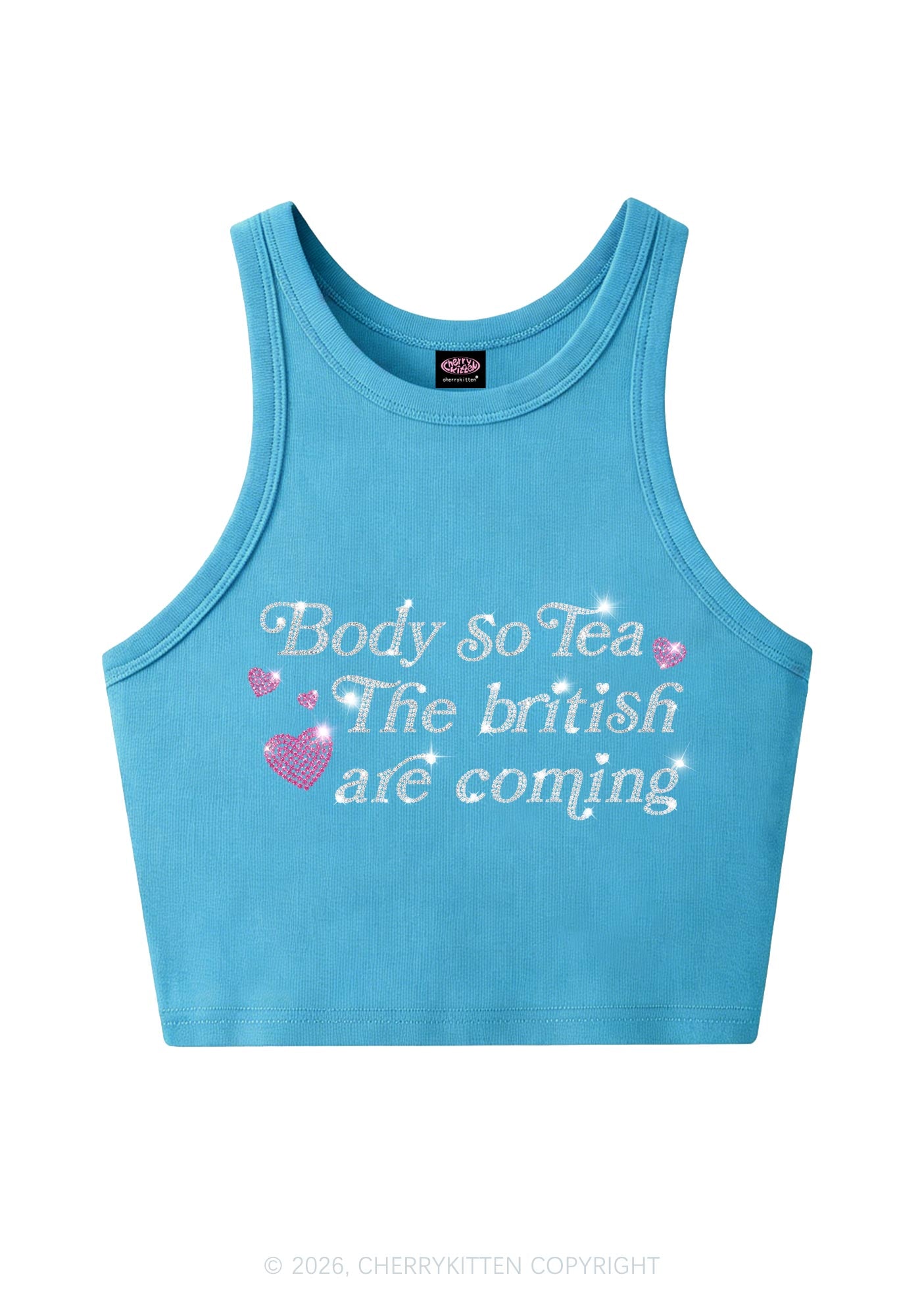 Rhinestone Body So Tea Y2K Crop Tank Top Cherrykitten