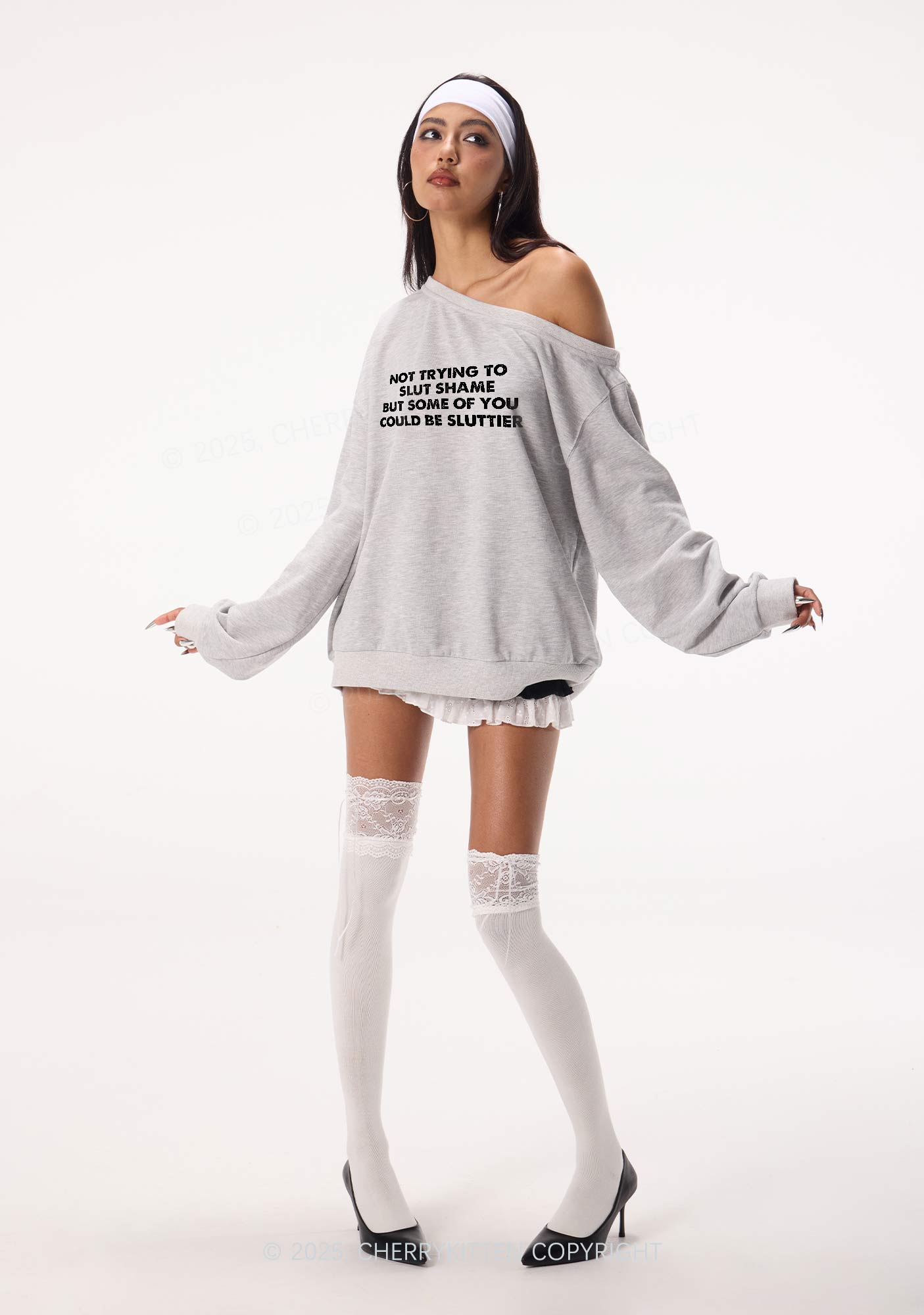 Not Trying To Slxt Shame Y2K Off Shoulder Sweatshirts Cherrykitten