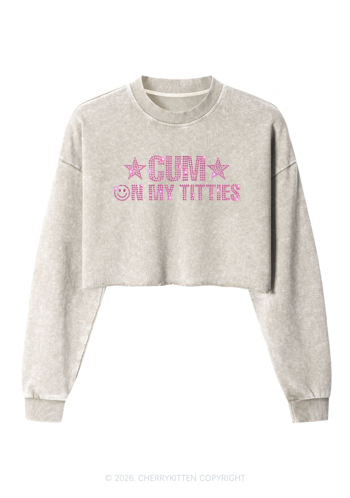 Rhinestone Cxm On My Txtties Y2K Crop Washed Sweatshirts Cherrykitten