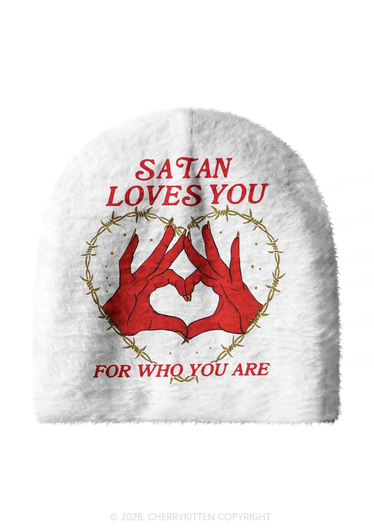 Satan Loves You Heart Halloween Y2K Print Knit Beanie Cherrykitten
