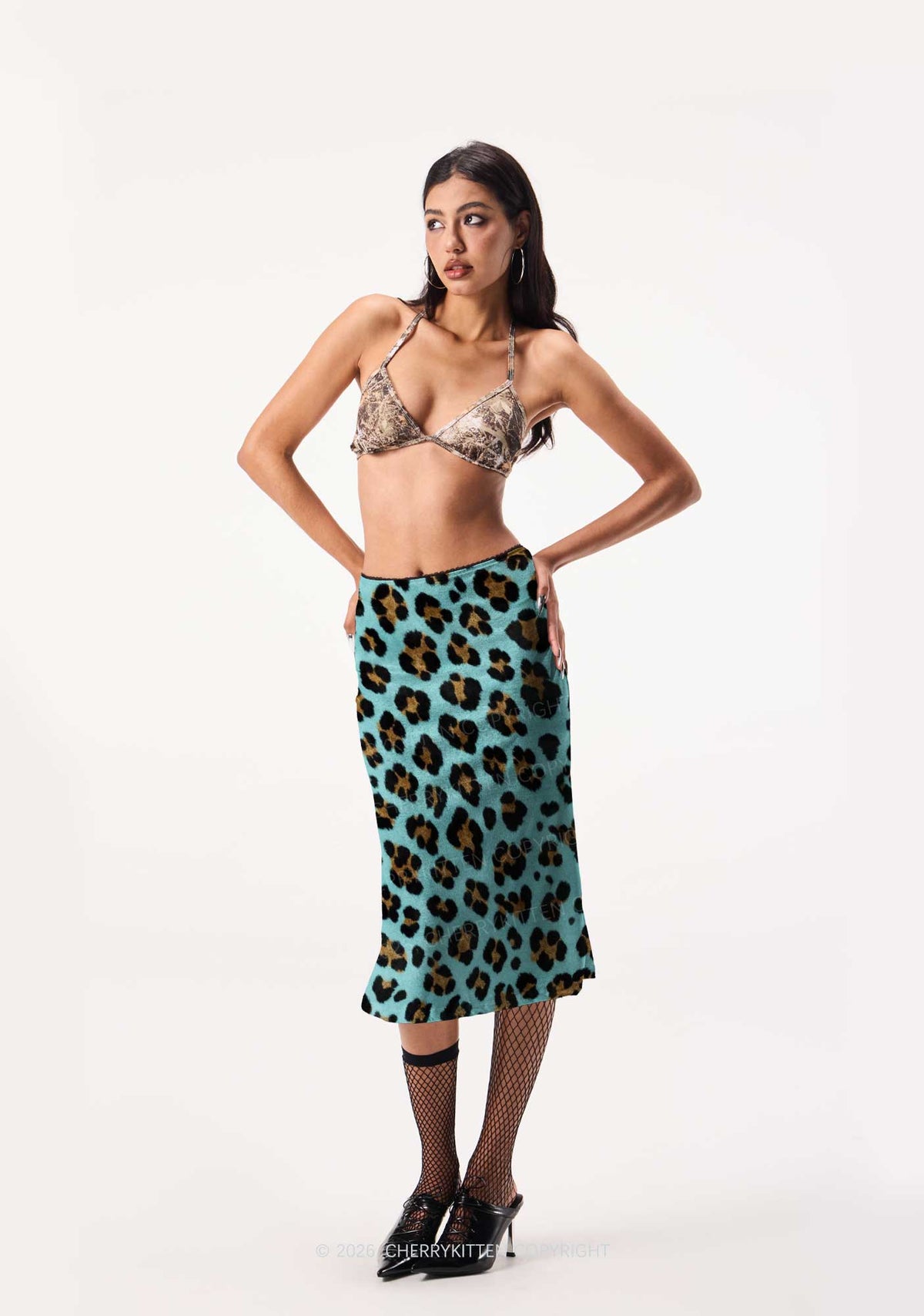 Mint Green Leopard Y2K Print Midi Skirt Cherrykitten