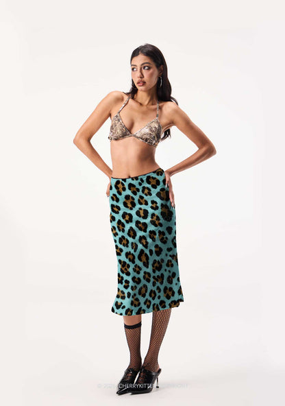 Mint Green Leopard Y2K Print Midi Skirt Cherrykitten