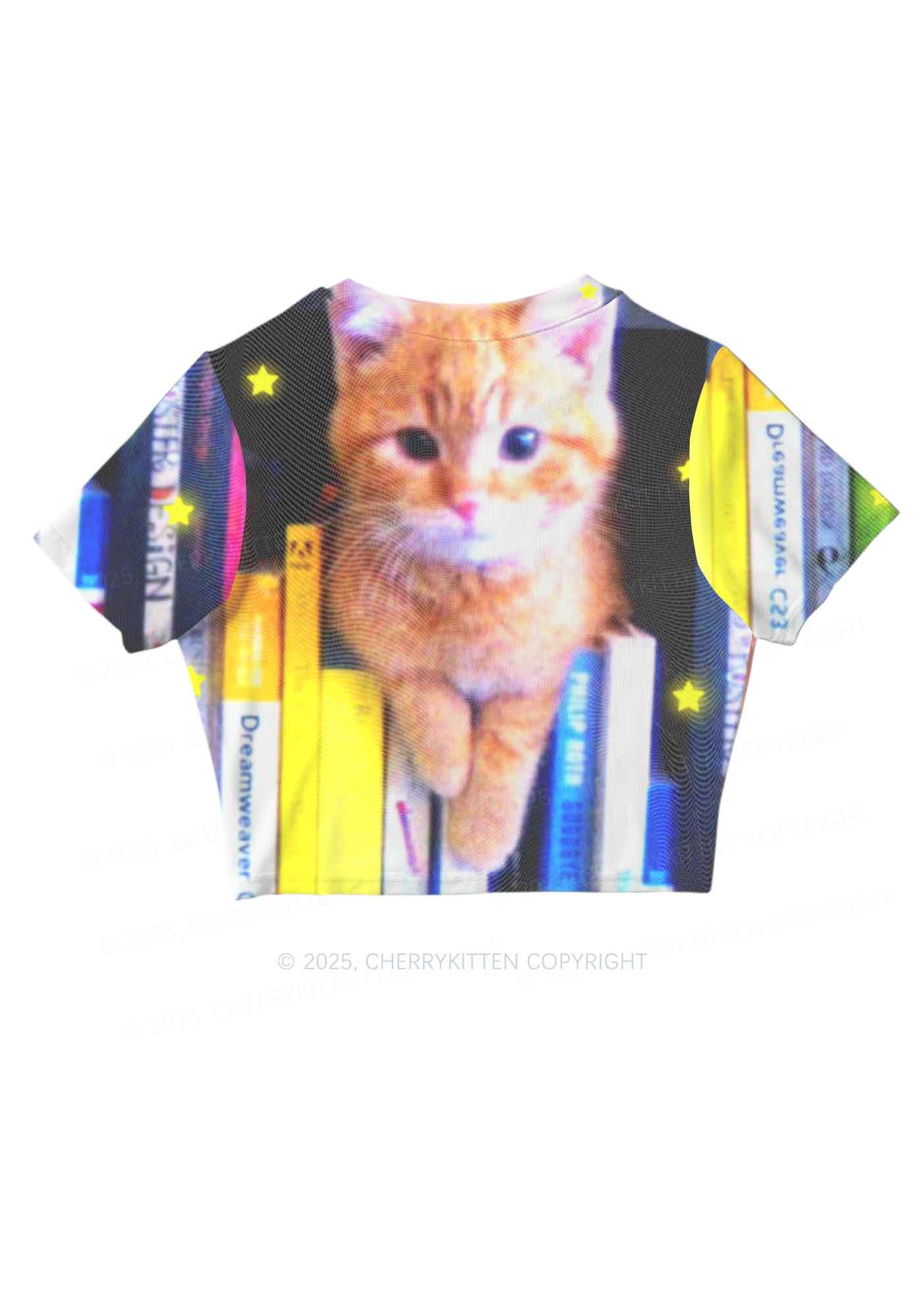 Feline Bookworm Y2K Mesh Crop Top Cherrykitten