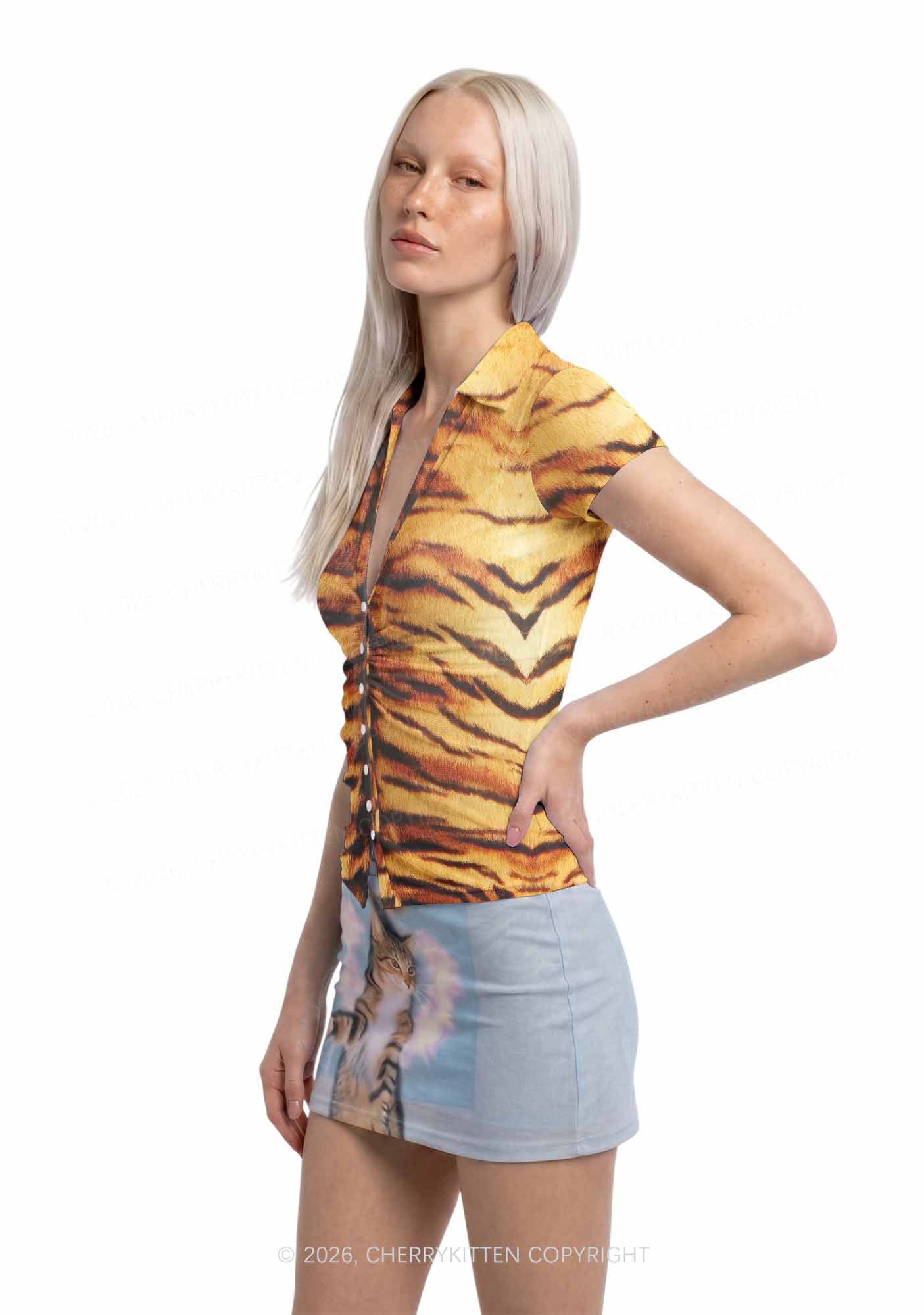 Wild Tiger Texture Y2K Mesh Ruched  Waist  V Neck Top Cherrykitten