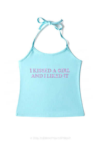 Rhinestone I Kissed A Girl Pride Y2K Halter Neck Cami Cherrykitten