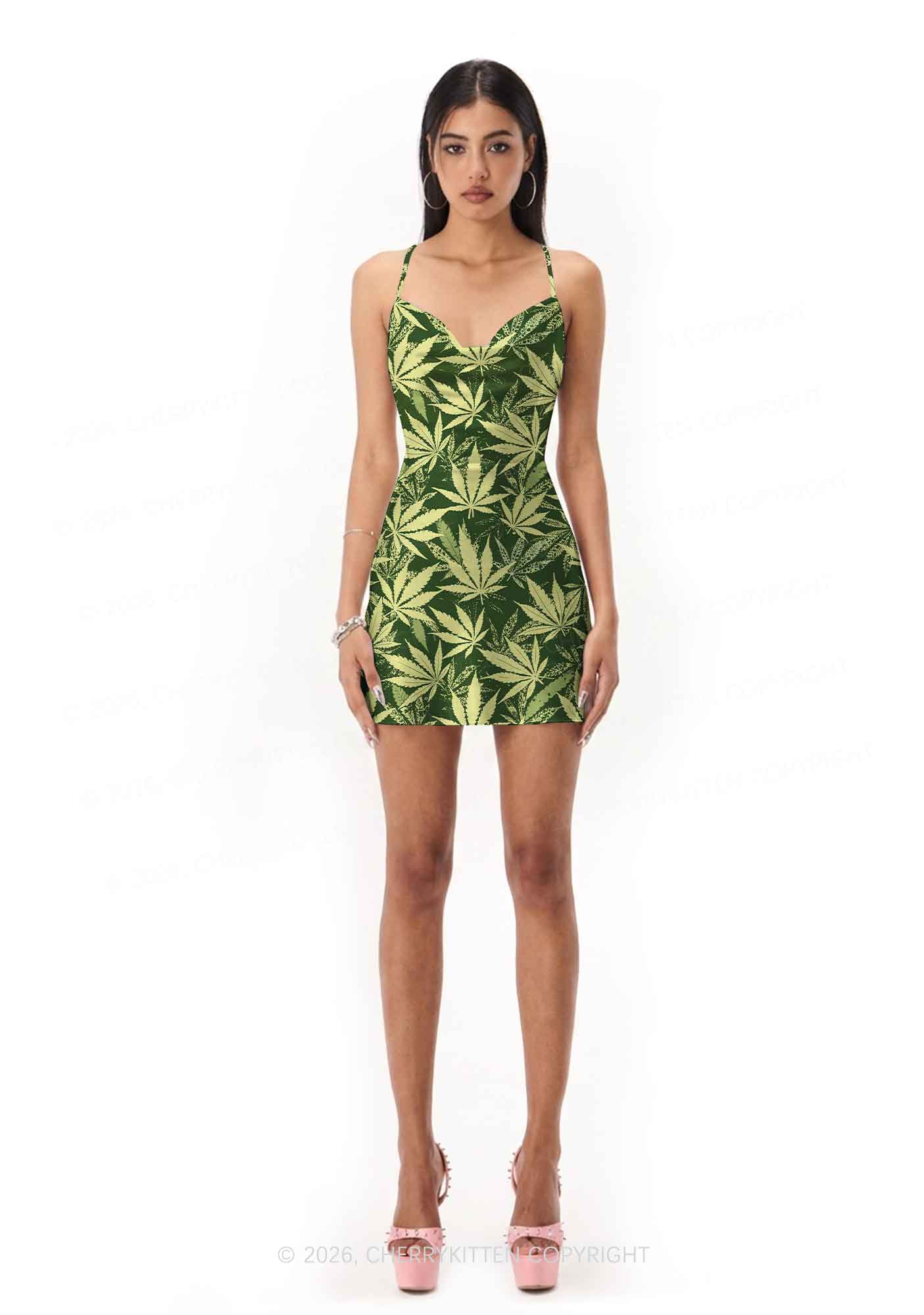 Green Wxxd Leaf Y2K Print Satin Cowl Neck Slip Dress Cherrykitten