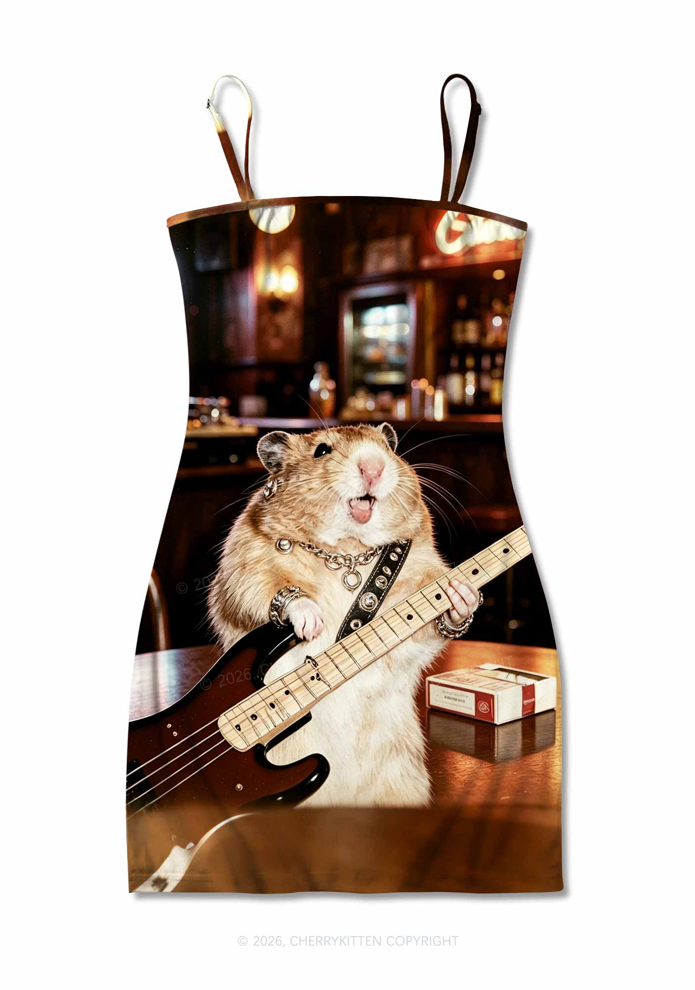 Hamster Bassist Techno Y2K Print Slip Dress Cherrykitten