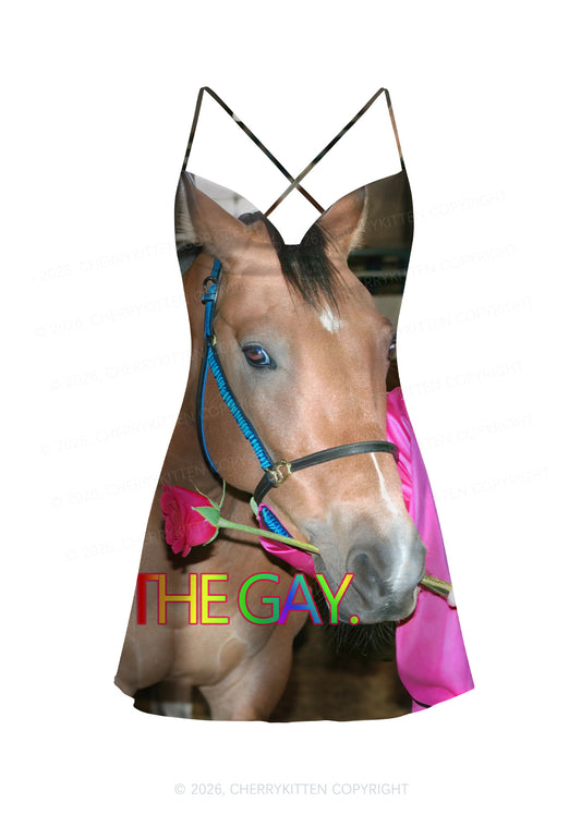 The Gay Horse Y2K Print Satin Cowl Neck Slip Dress Cherrykitten