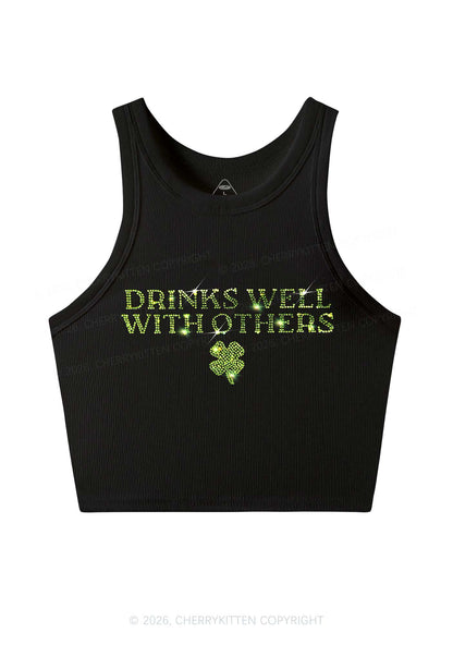 Rhinestone Drinks Well With Others St Patricks Y2K Crop Tank Top Cherrykitten
