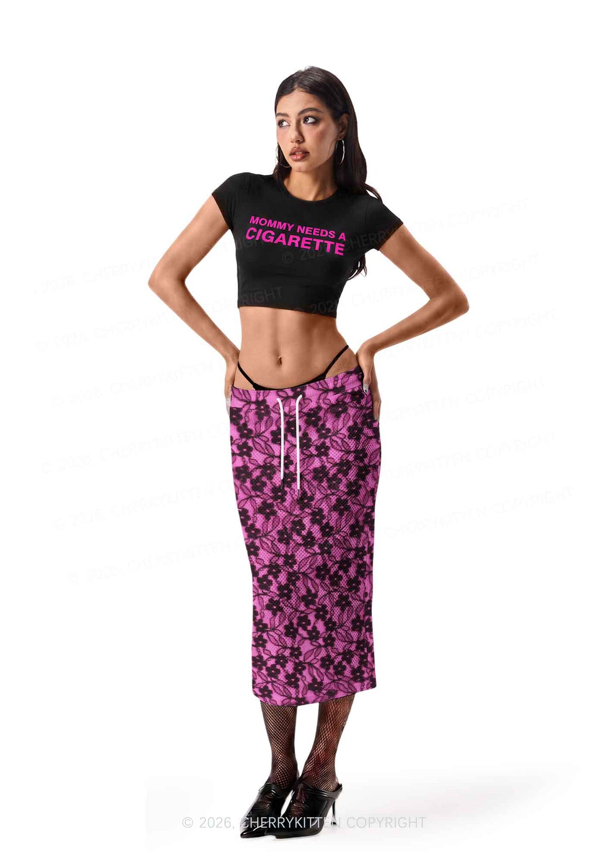 Hot Pink Floral Y2K Sport Jersey Drawstring Midi Skirt Cherrykitten