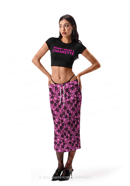 Hot Pink Floral Y2K Sport Jersey Drawstring Midi Skirt Cherrykitten