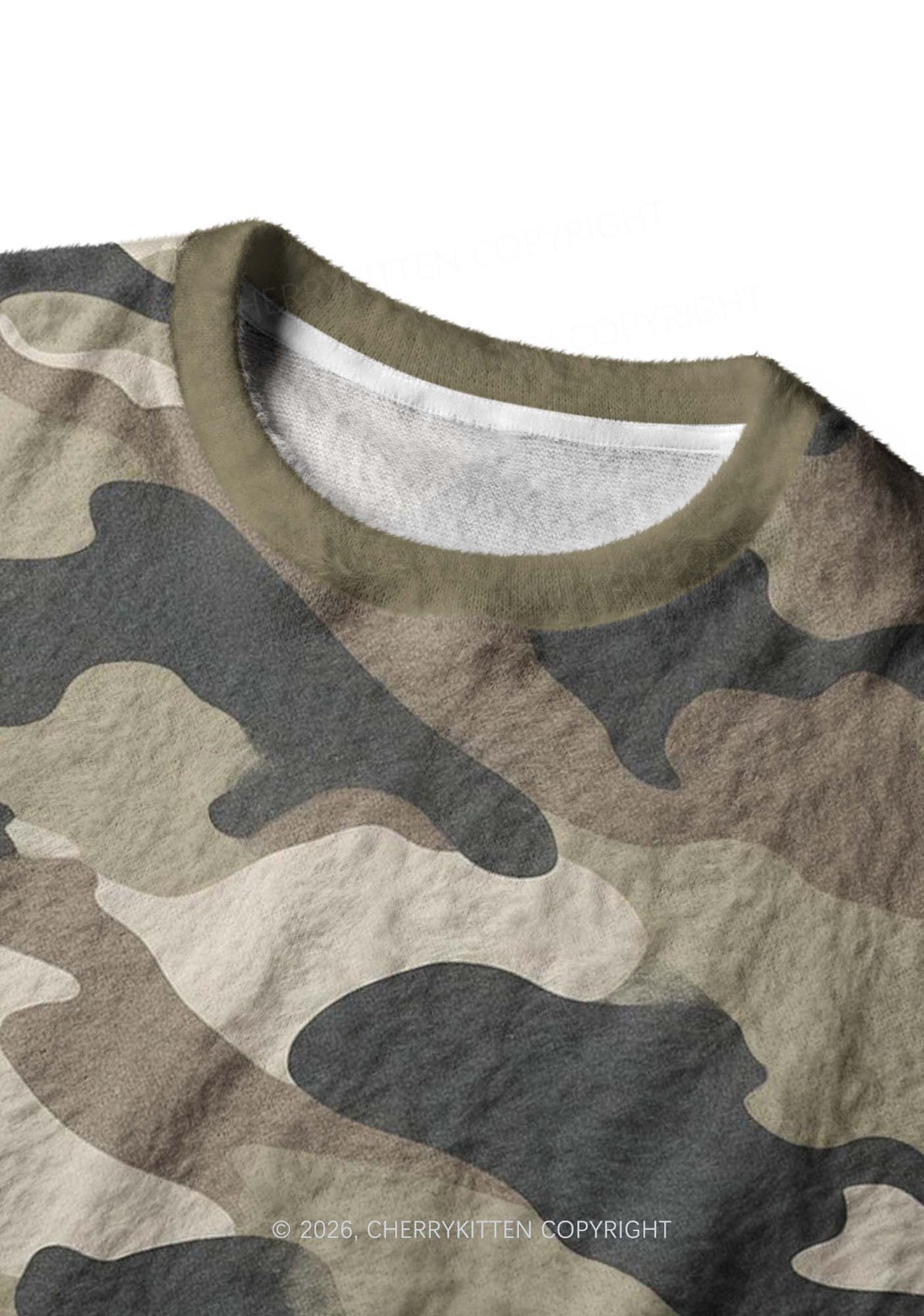 Dark Green Camouflage Y2K Knit Sweatshirt Cherrykitten