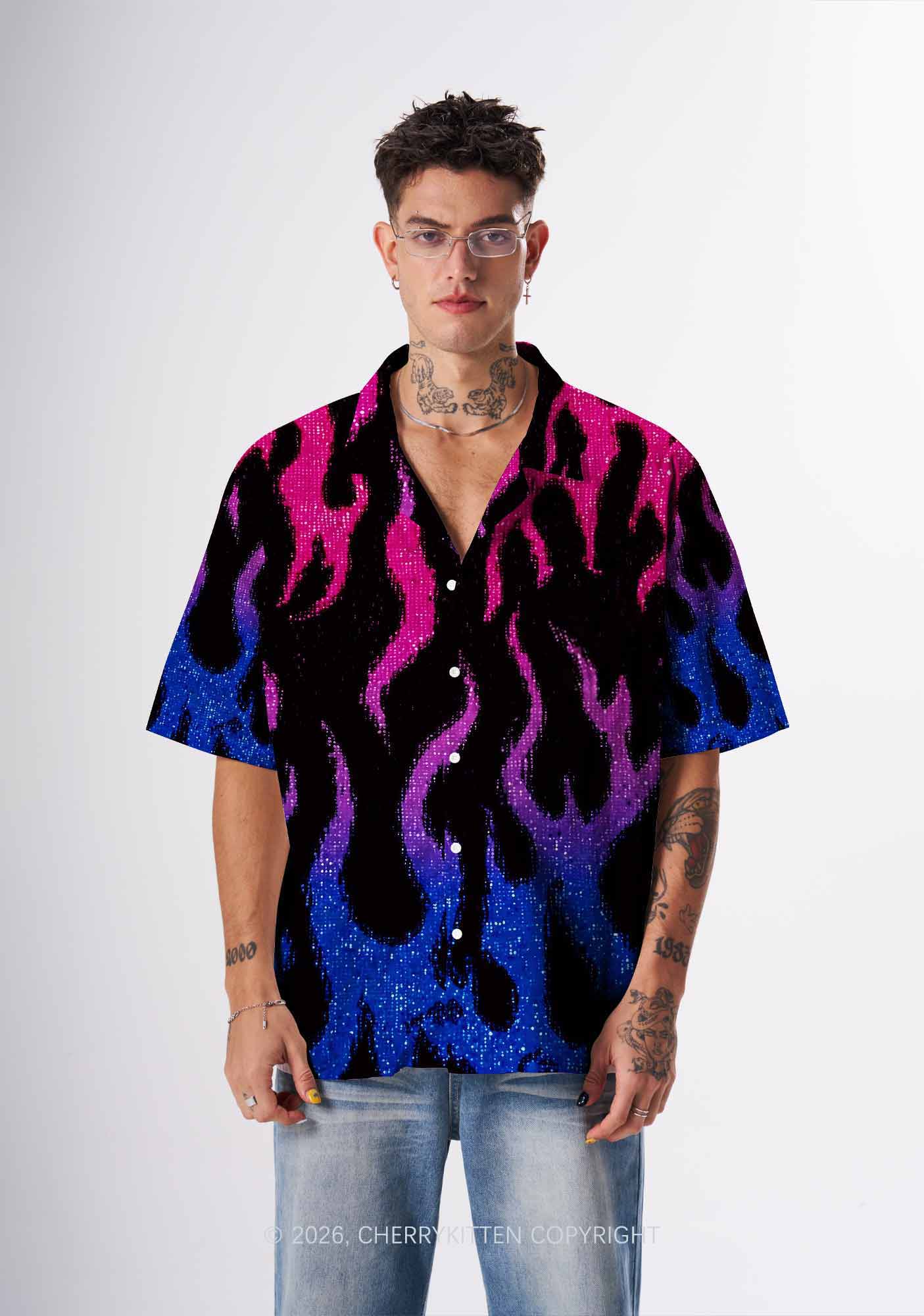 Bisexual Flame Pride Y2K Print Hawaiian Shirt Cherrykitten