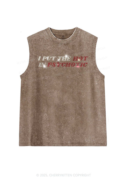 Rhinestone I Put The Hot In Psychotic Y2K Washed Muscle Tank Cherrykitten