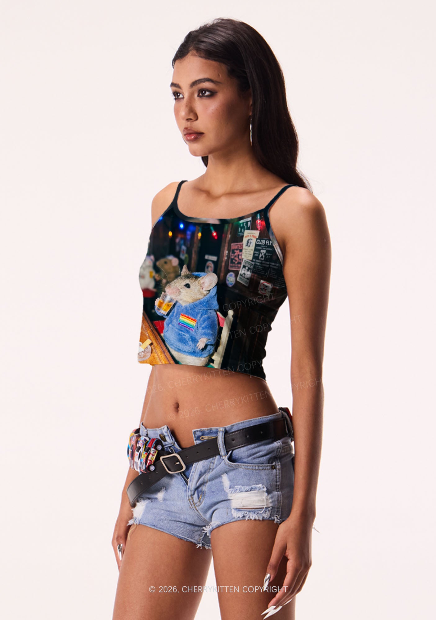 Blue Hoodie Rat Drinking Pride Y2K Print Cami Crop Top Cherrykitten