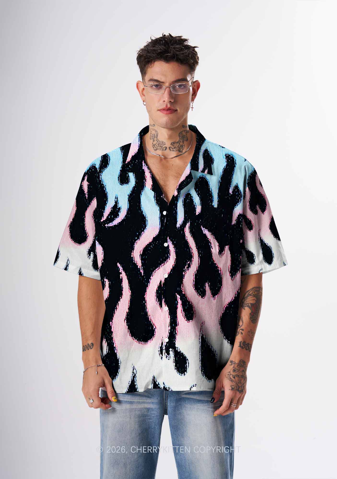 Trans Flame Pride Y2K Print Hawaiian Shirt Cherrykitten