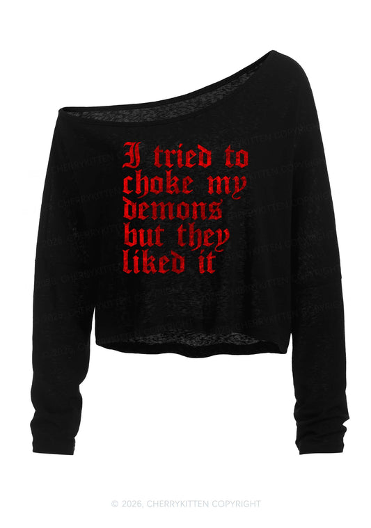 Halloween Choke Demons They Liked Y2K Off Shoulder Long Sleeve Crop Top Cherrykitten