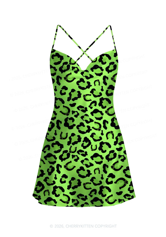 Fluorescent Green Leopard St Patricks Y2K Print Satin Cowl Neck Slip Dress Cherrykitten