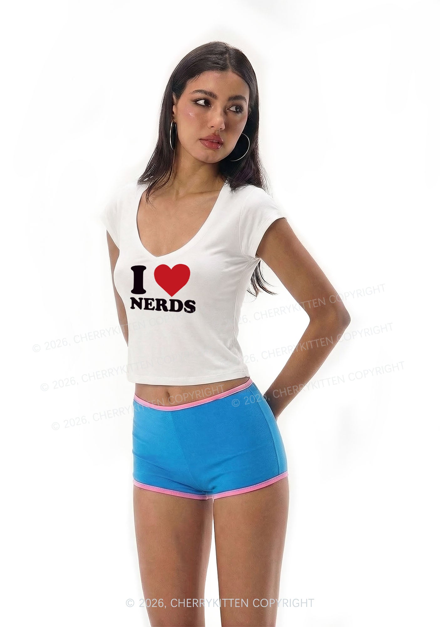 I Love Nerds Y2K V Neck T Shirts Cherrykitten