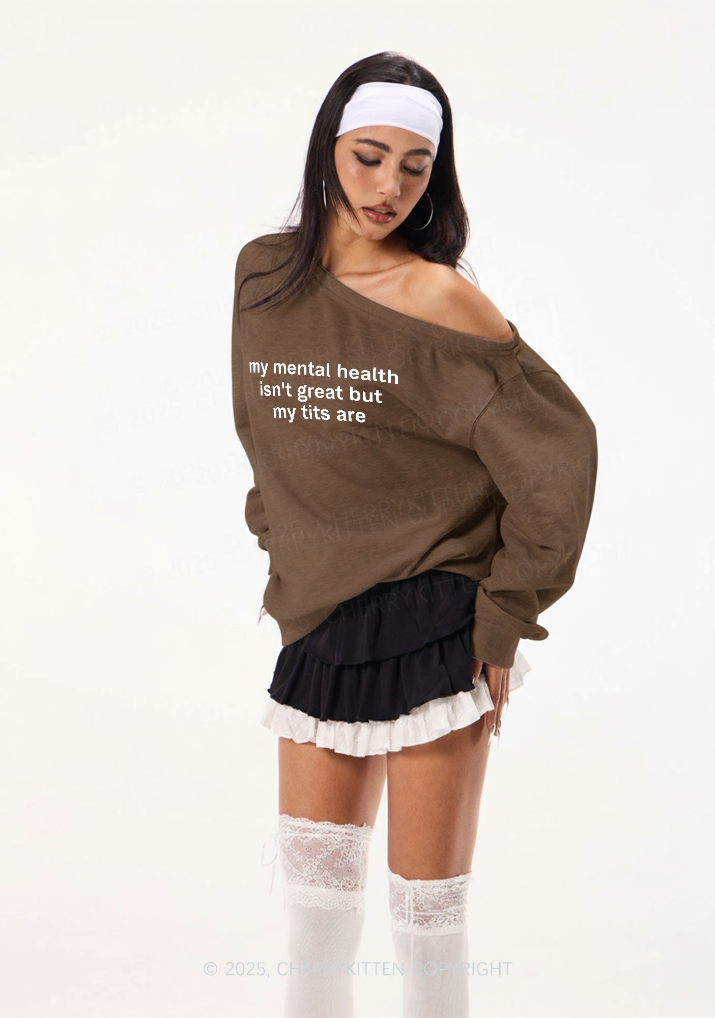 My Mental Health Isnt Great Y2K Off Shoulder Sweatshirts Cherrykitten