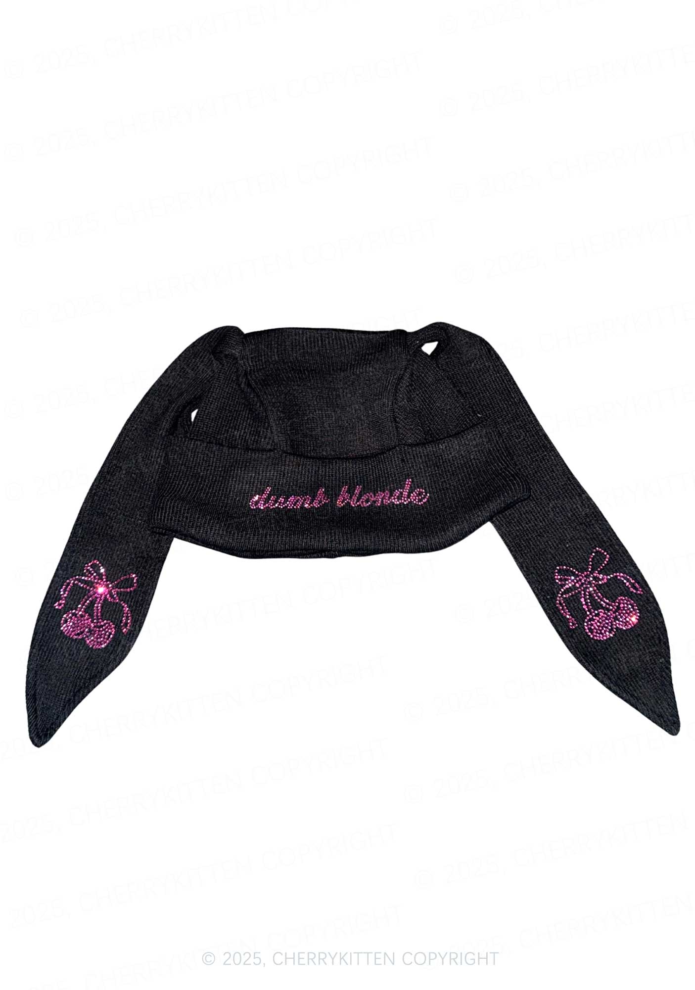 Rhinestone Dumb Blonde Y2K Bunny Ear Knitted Hat Cherrykitten