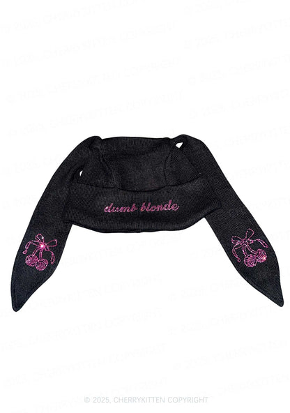 Rhinestone Dumb Blonde Y2K Bunny Ear Knitted Hat Cherrykitten