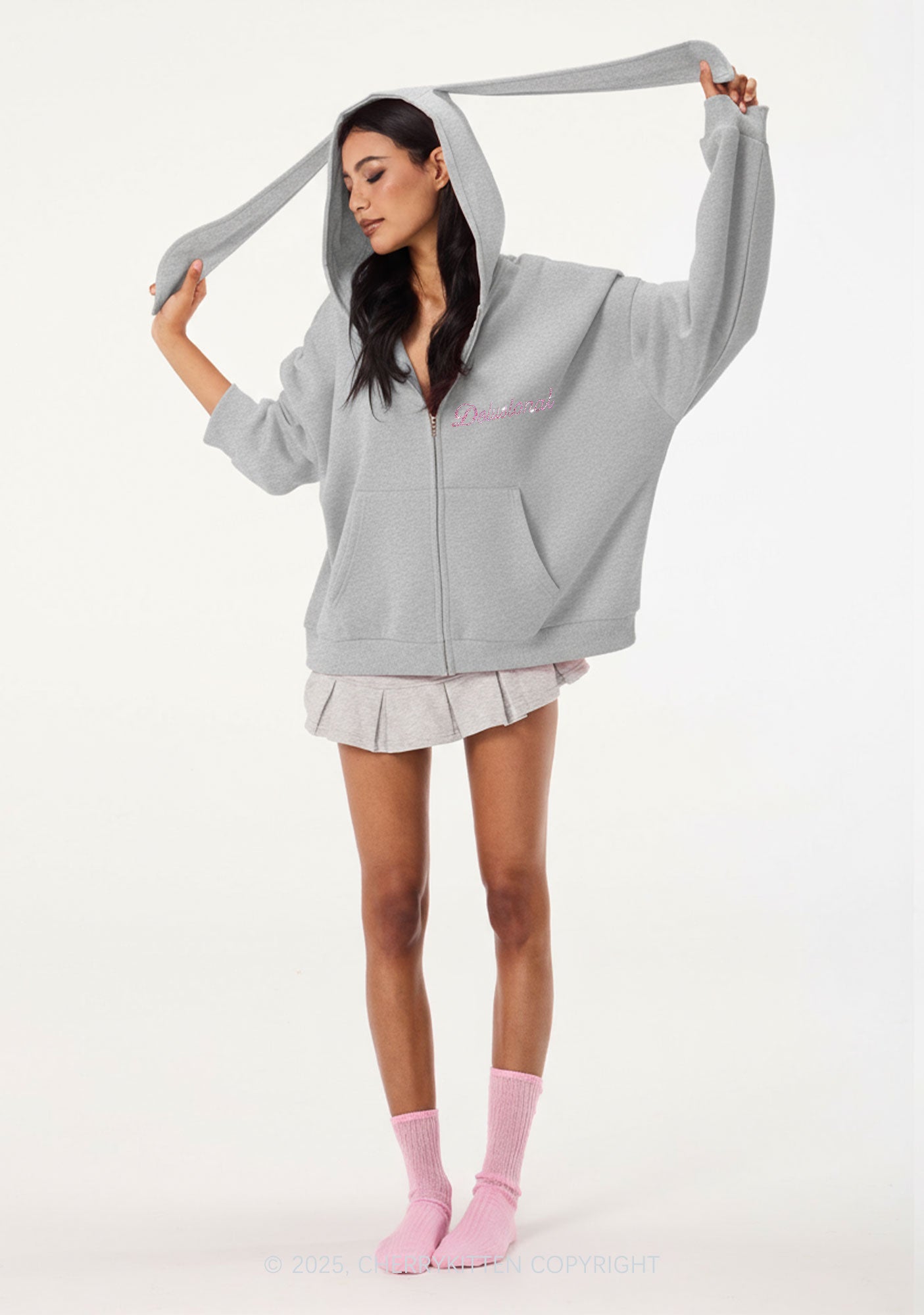Rhinestone Delusional Y2K Bunny Ear Zip Hoodie Cherrykitten