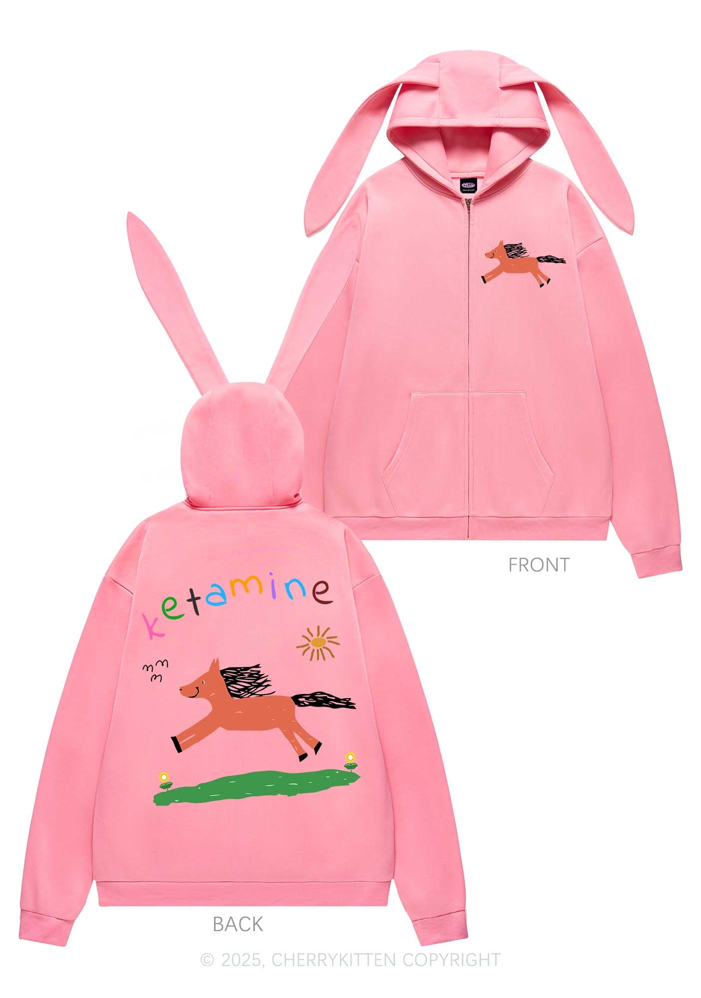 Orange Pony Y2K Bunny Ear Zip Hoodie Cherrykitten