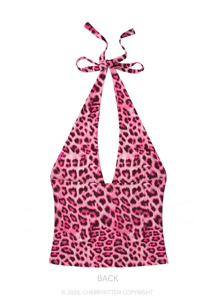 Pink Leopard Y2K Print Halter Deep V Neck Cami Cherrykitten