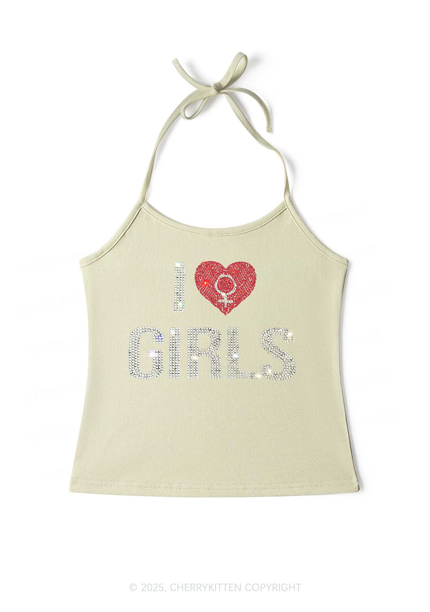 Rhinestone I Love Girls Pride Y2K Halter Neck Cami Cherrykitten