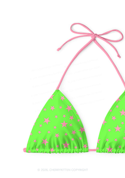 Pink Star On Green Y2K Print Bikini Set Cherrykitten