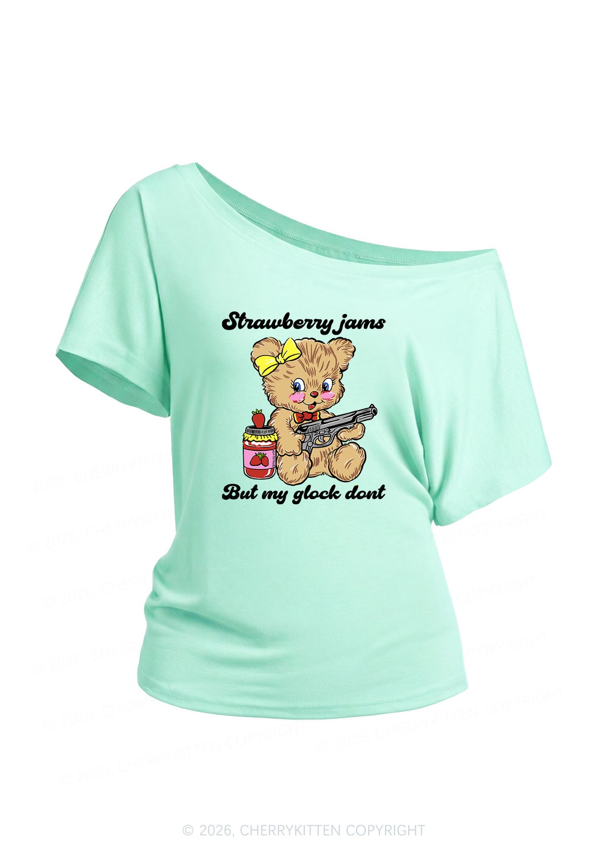 Strawberry Jams Bear Y2K Off Shoulder Tee Cherrykitten