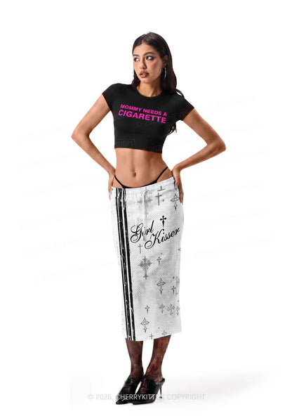 Girl Kisser Grey Cross Y2K Sport Jersey Drawstring Midi Skirt Cherrykitten