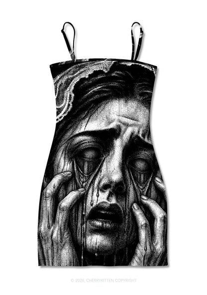 Halloween Veiled Crying Woman Y2K Print Slip Dress Cherrykitten