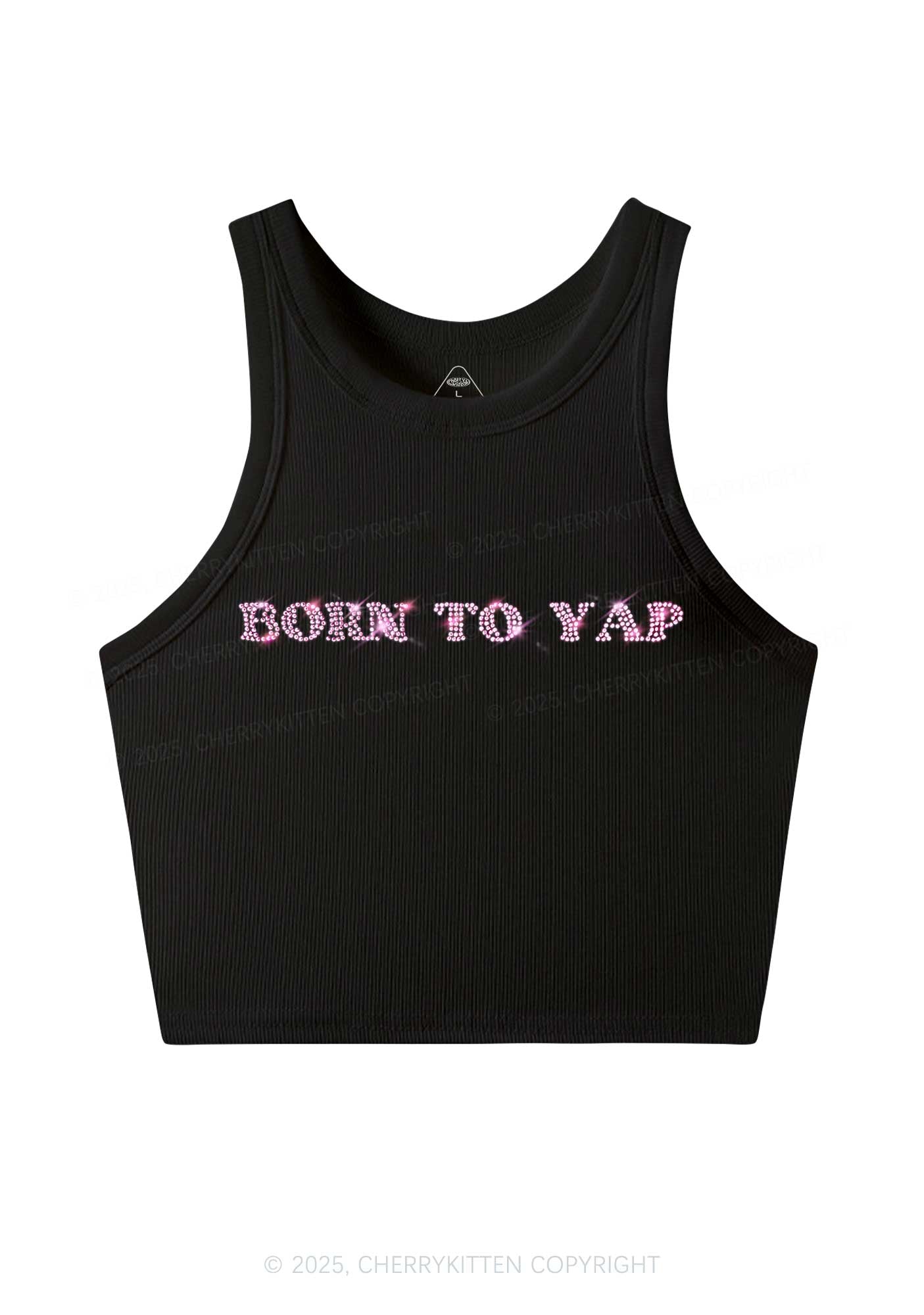 Rhinestone Born To Yap Y2K Crop Tank Top Cherrykitten