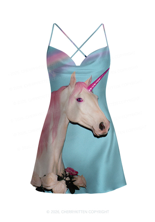 Colorful Unicorn Y2K Print Satin Cowl Neck Slip Dress Cherrykitten