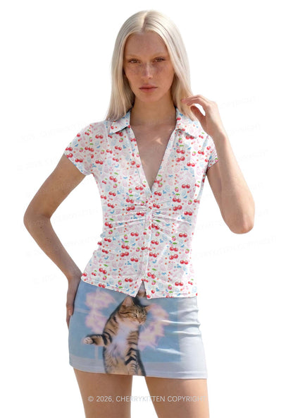 White Cherry Pie Y2K Mesh Ruched  Waist  V Neck Top Cherrykitten