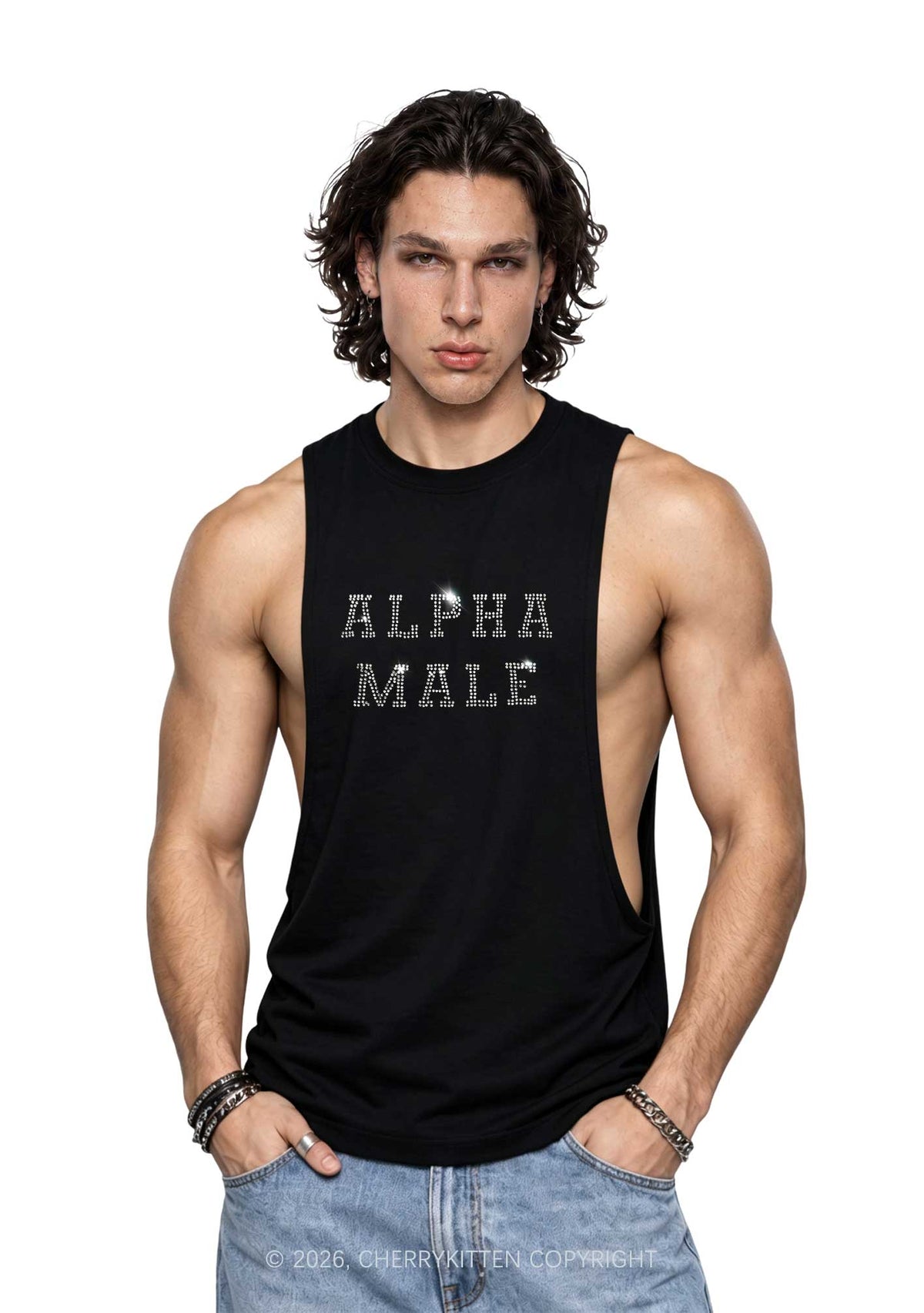 Rhinestone Alpha Male Y2K Men Muscle Side Cutoff Tank Top Cherrykitten