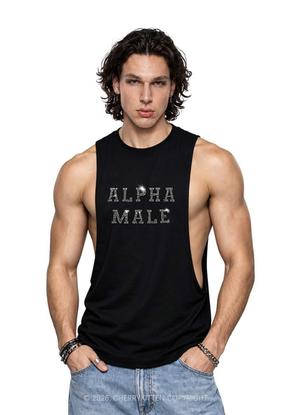 Rhinestone Alpha Male Y2K Men Muscle Side Cutoff Tank Top Cherrykitten
